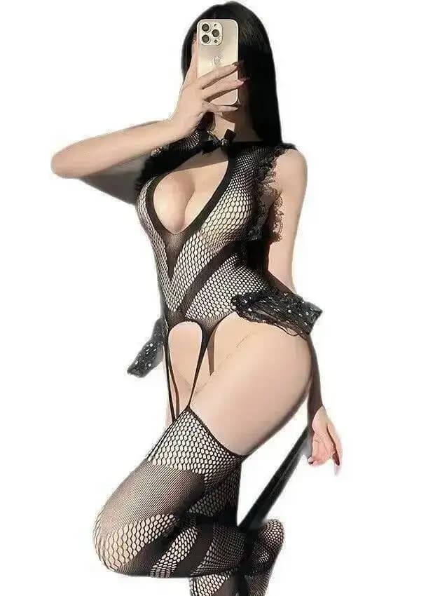 Bodystocking Sexy in Rete con Pizzo, Calze a Rete, Schiena Scoperta, Glutei Esposti, Body Femminile, Puro Desiderio, Affascinante 8JAS