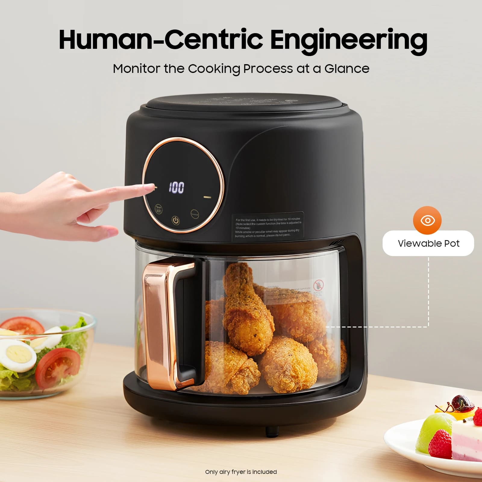 Friggitrice ad aria nera, friggitrice ad aria in vetro da 4,2 litri/4,44 qt, 360 ° Friggitrice ad aria trasparente, per friggere ali di pollo, patatine fritte, gamberetti, 1200W