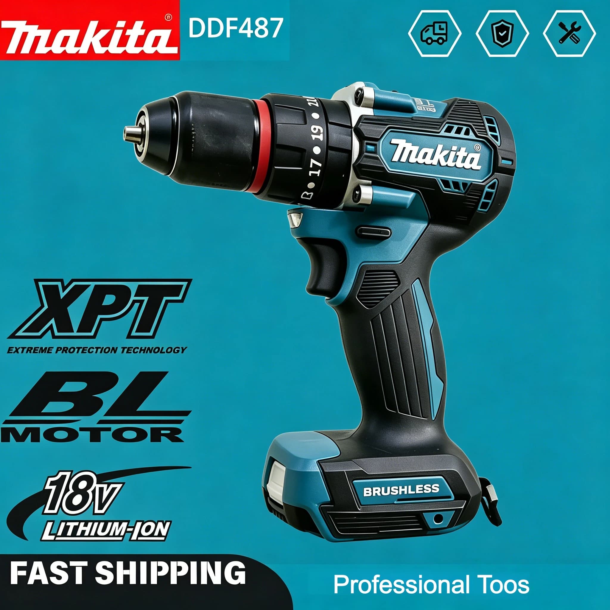 Makita Original DDF487 Cordless Driver Drill 18V Brushless Electric Impact Screwdriver Rechargeable Power Tool (only tool)