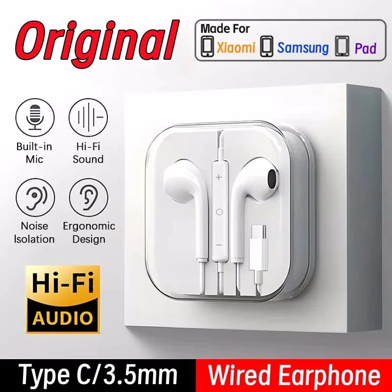 Cuffia cablata originale per auricolare Redmi Samsung Huawei iPhone16 Xiaomi 15 14 13 12 11 10 Tipo-C Auricolare universale con spina da 3,5 mm