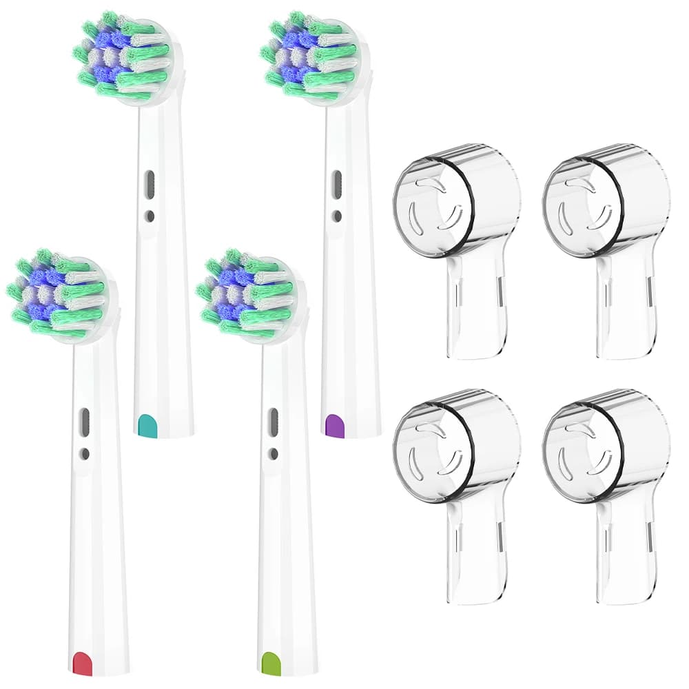 4 spare heads for cross action toothbrush and 4 dust caps for toothbrush heads, compatible with Oral B electric brushes