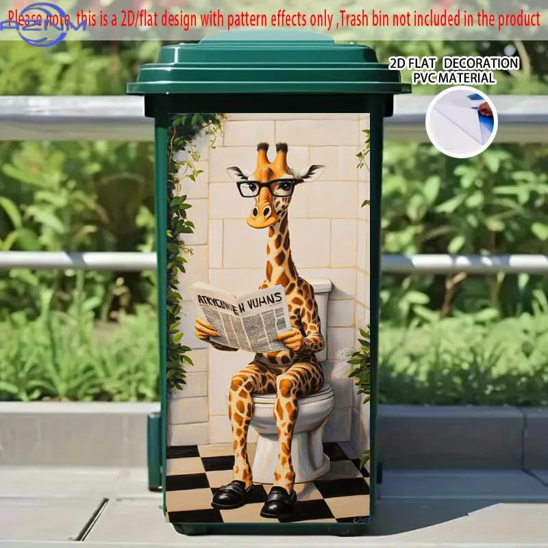 Giraffe Reading Newspaper in Bathroom Pattern Self-Adhesive Dustbin Stickers, PVC, Trash Can Decorative Stickers, Wheelie Bin