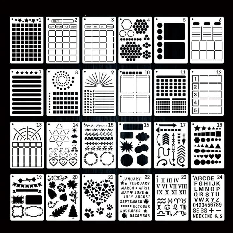 24 pezzi Modelli diario Stencil scrapbooking per diagrammi fai -da -te Planner Notebook Dipinto graffiti dipinti fai da