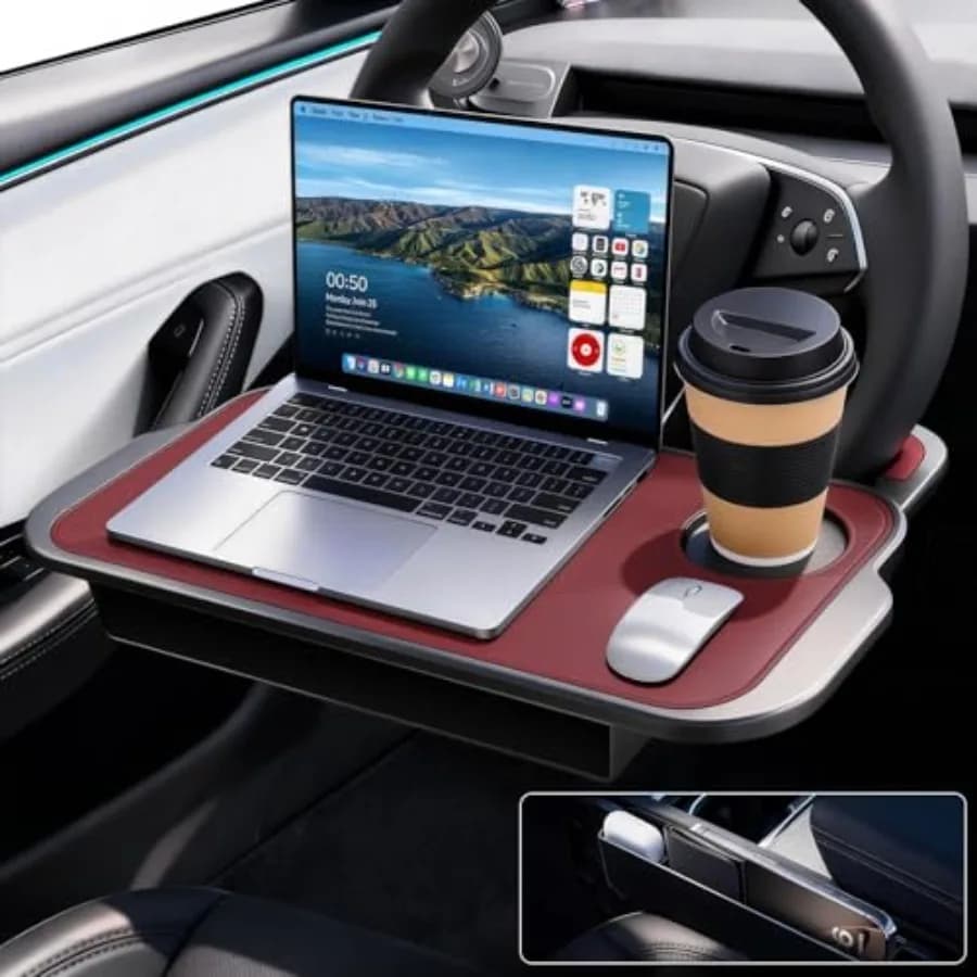 2-in-1 Car Steering Wheel Desk Tray and Car Seat Gap Filler Organizer Silicone Look Table for Laptop, Eating Food, Writing Work