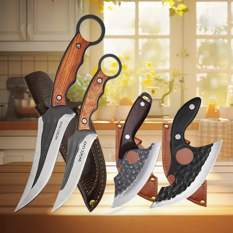 WXCOO Set di coltelli da cucina Coltello da macellaio forgiato a mano Mannaia per carne Apribottiglie multifunzionale Coltello da chef con fodero in pelle