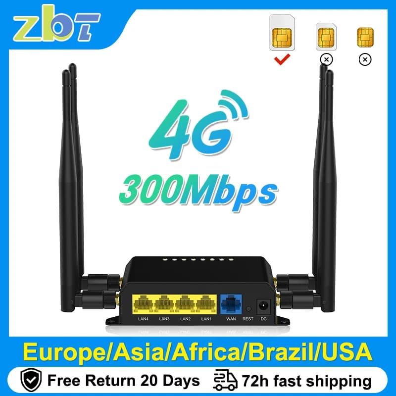 Router WiFi ZBT 4G Modem LTE con slot per scheda SIM Punto di accesso Wi-Fi 3G 4G 300Mbps Openwrt 128MB USB Wan 4 * LAN 4 * Antenna WE826-T2