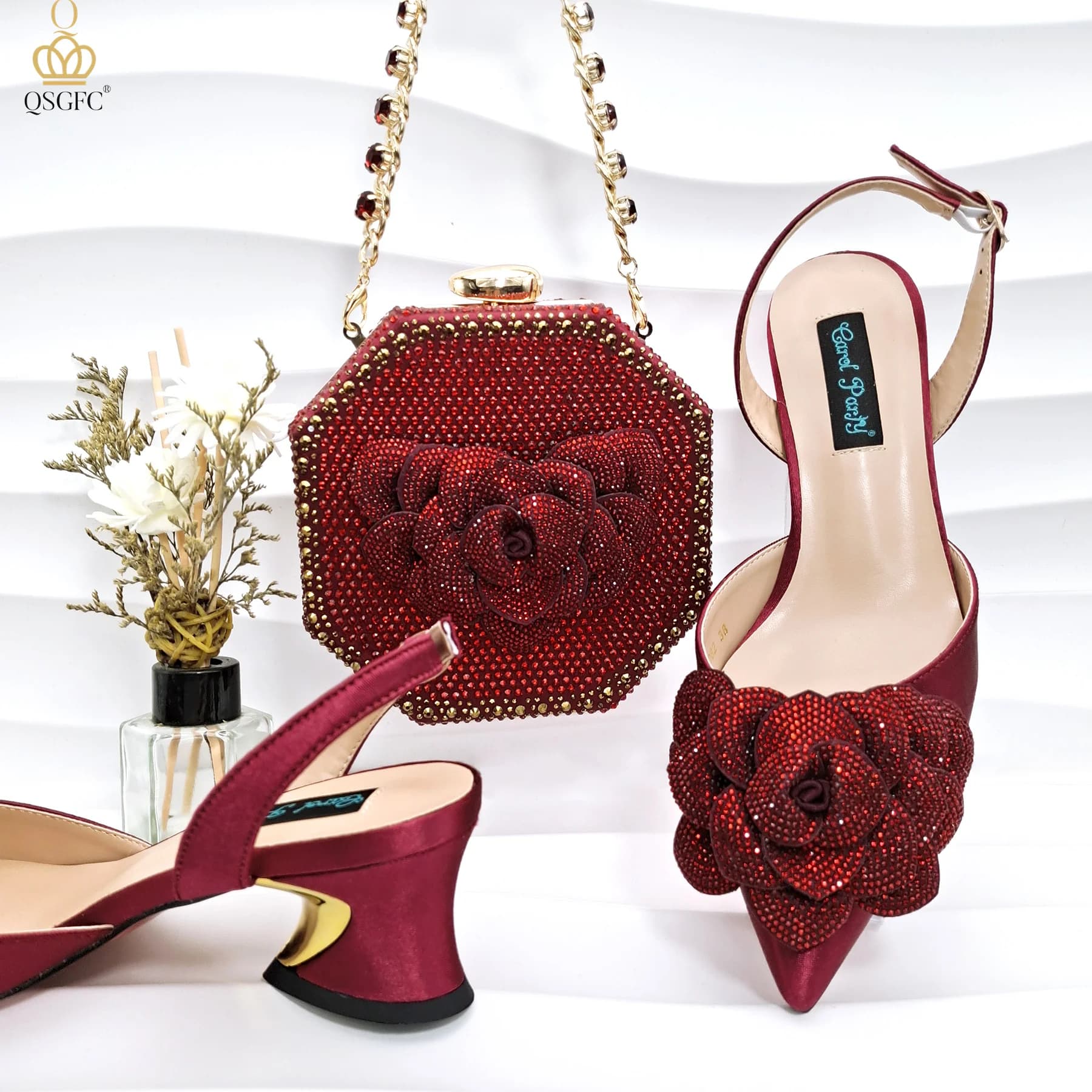 QSGFC Stili popolari africani Scarpe da sera e borse abbinate a pochette a petalo fatte a mano Scarpe a punta con tacco medio da donna