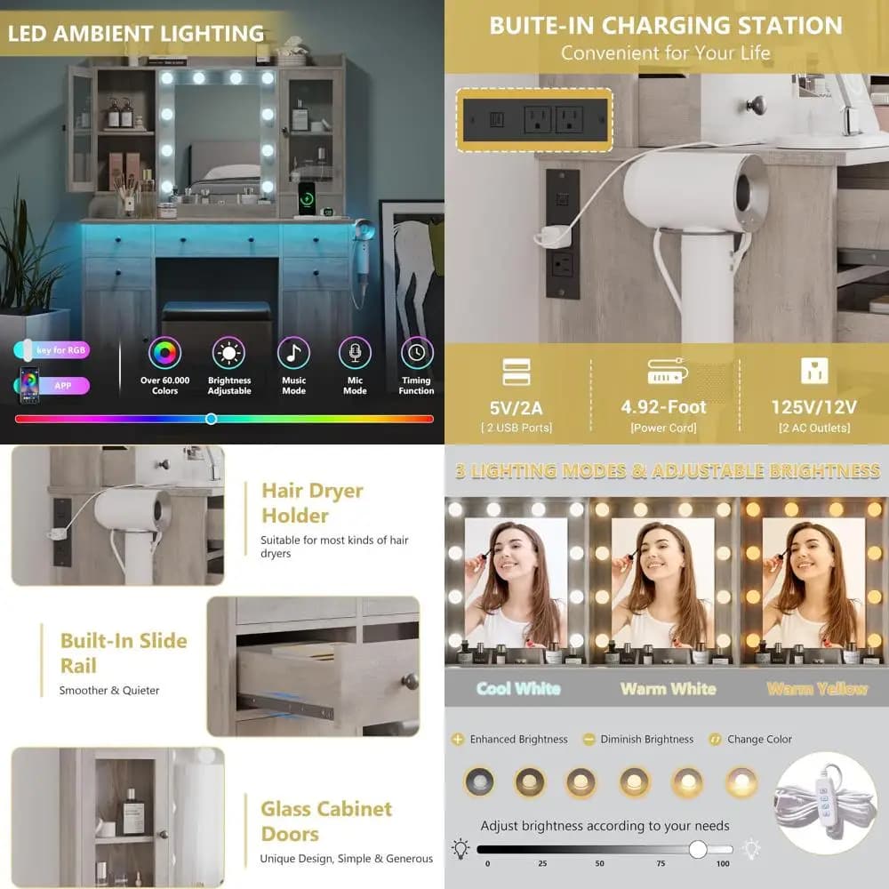 Vanity Desk per trucco grigio con specchio, luci, portaoggetti e sedia per camera da letto e bagno delle donne
