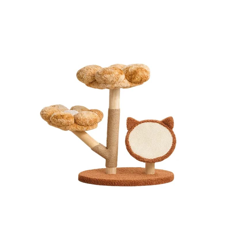 Tiragraffi per gatti in legno massello a forma di albero, ideale per appartamenti piccoli, con cuccia a forma di fiore.