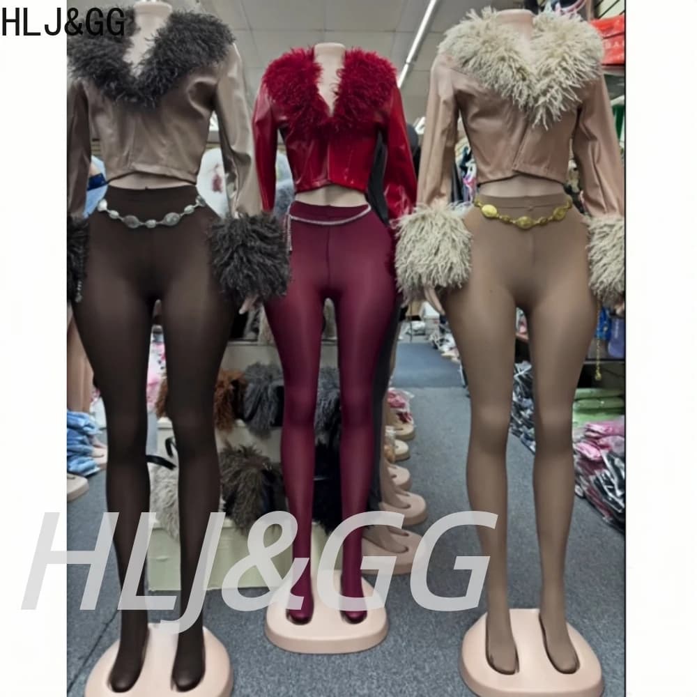 HLJ&GG Fashion Trend Fur Leather Jacket Two Piece Sets Women Long Sleeve Slim Crop Top And Long Socks Pants Outfits Streetwear