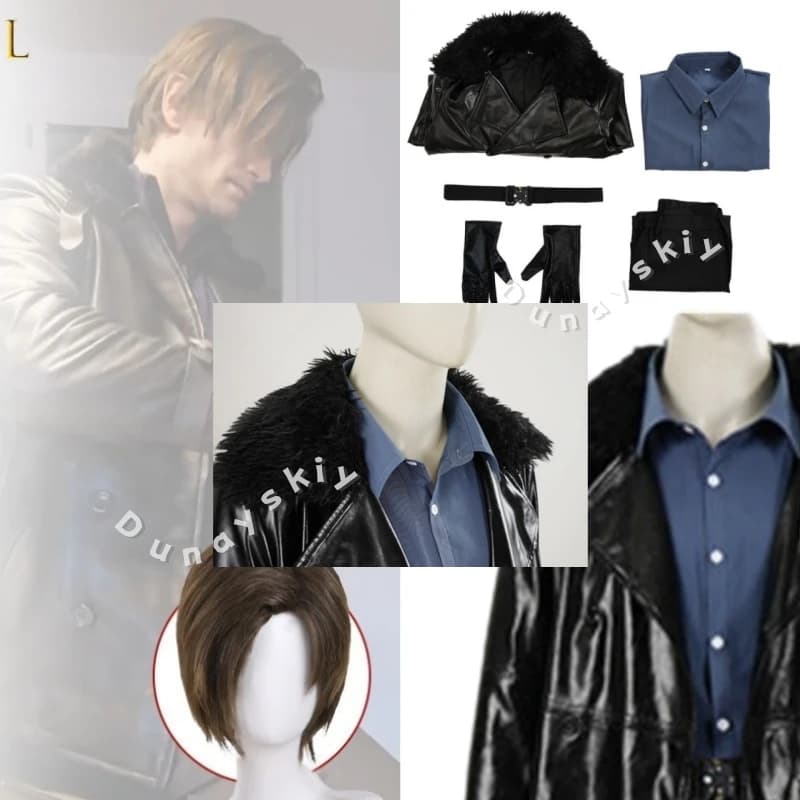 Resideteevil Leon S. Kennedy Giacca con colletto in pelliccia nera, camicia blu con parrucca, costume cosplay per feste di Halloween e Comic Con