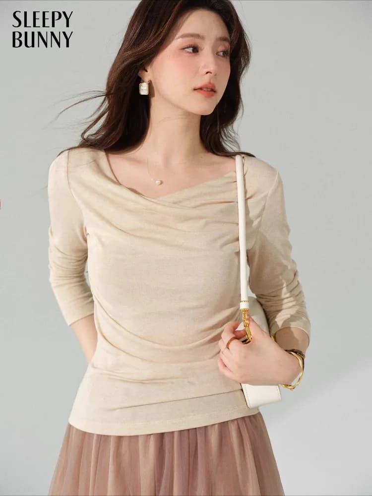 Elegant Slim Fit Long Sleeve T-Shirt Women Autumn Draped Neck Top Chic Waist-Cinching Base Layer Shirt Casual Fashion Pullover