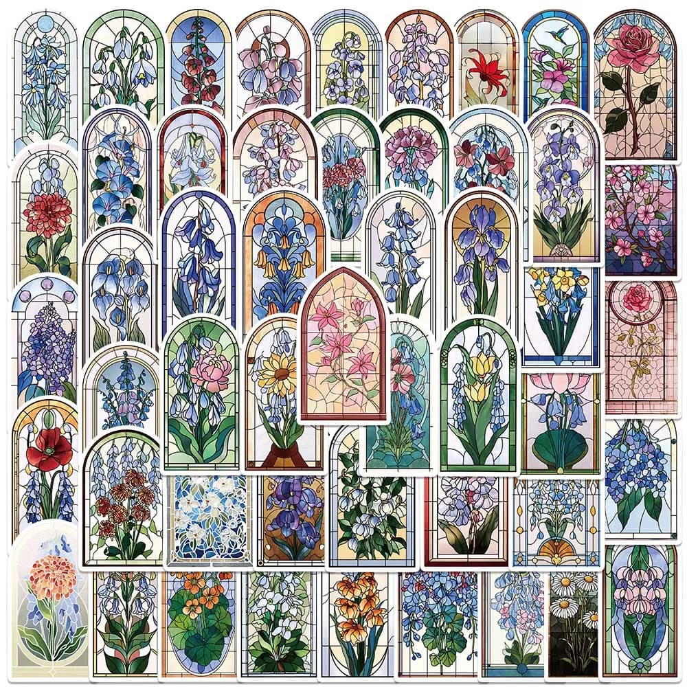 50 Pezzi Adesivi in Vinile Impermeabili con Fiori in Vetro Stile Retrò per Valigie, Chitarre, Laptop, Cancelleria e Telefoni