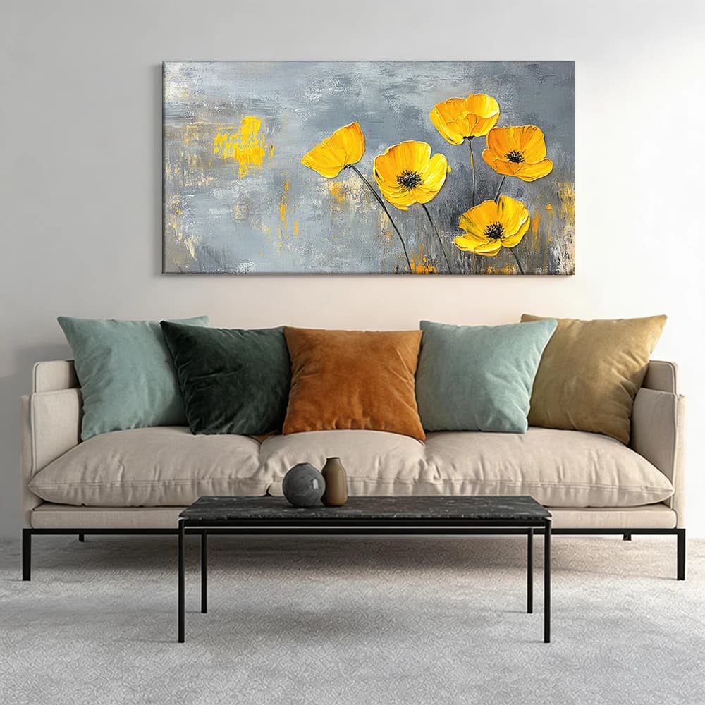 Painted on canvas with large wooden frame, 1 piece, yellow flowers painted oil, gray.