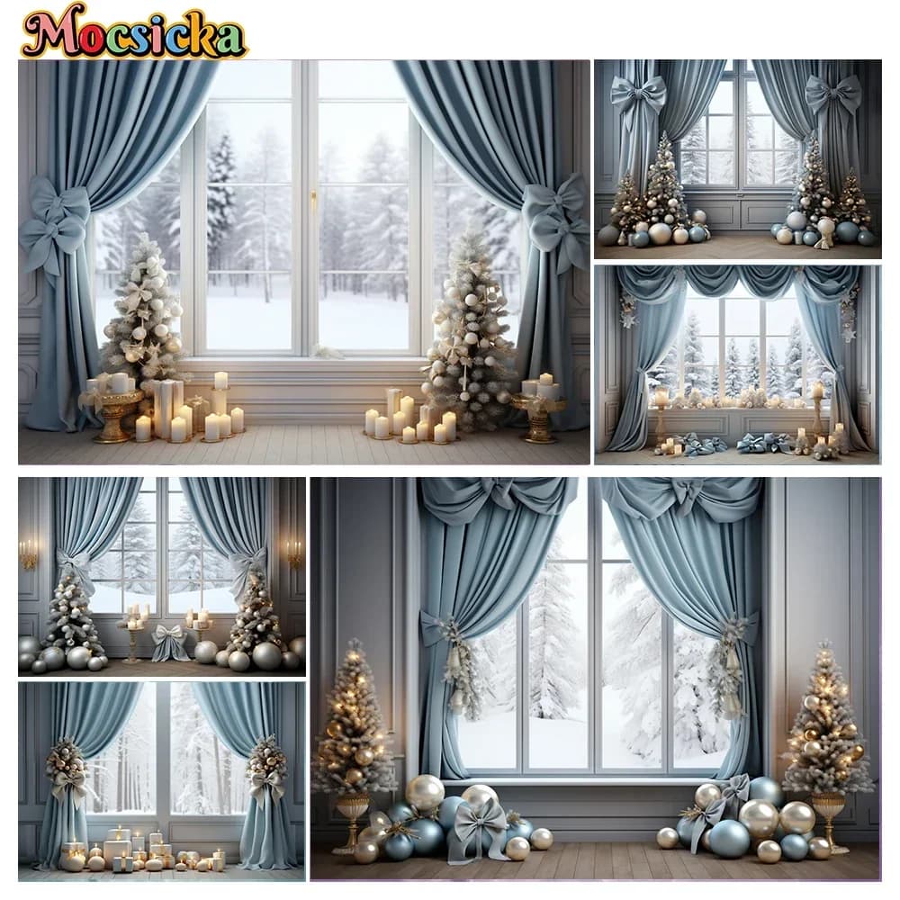 Mocsicka Winter Christmas Photography Background Simple Curtains Decorative Theme Holiday Party Family Photo Backdrops Studio