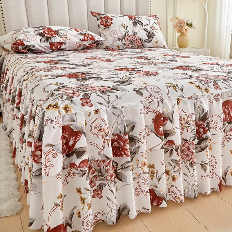 Set of 3 pieces Floral style bed skirt and pillowcase Cover with volant Soft bed for home Bed linen style ssi skirt