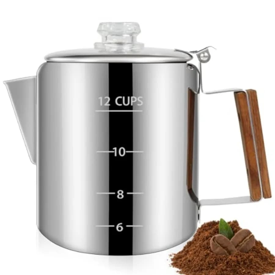 Caffettiera in Acciaio Inox 304 con Manico in Legno Massello e Manopola Trasparente per Piano Cottura Greca Mo