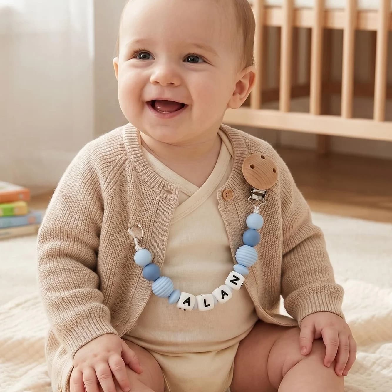 Catenella Portaciuccio Personalizzata con Nome, Perline in Silicone, Clip per Ciuccio Senza BPA, Massaggiagengive Anti-Smarrimento, Supporto per Ciuccio