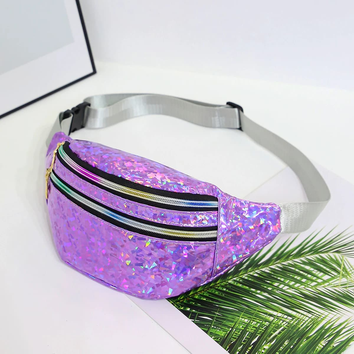 Holographic Marsupi Women's Silver Waist Bag Black Geometric Marsupi for Phone with Laser Chest