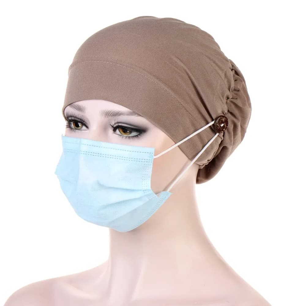 New Design Fashion Muslim Solid Color Turban with Button Multicolor Chemo Cap Women Ear protection Hair Accessories