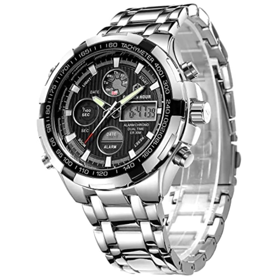 Orologi di Lusso GOLDEN HOUR in Acciaio Inossidabile Analogici e Digitali per Uomo, Orologio da Polso Grande e Pesante per Sport all'Aperto Impermeabile