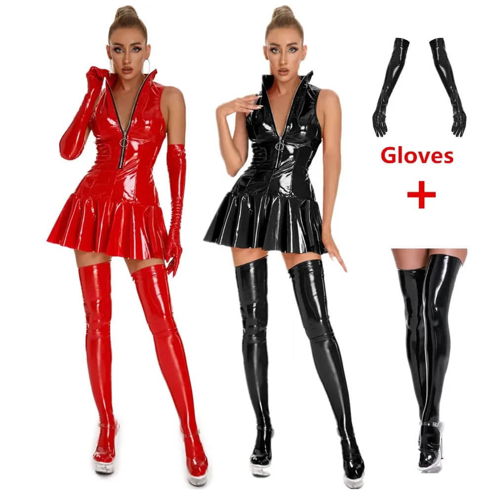 Mini Abito da Donna in Lattice Effetto Bagnato Lucido con Guanti Integrati, Vestito Sexy Senza Maniche Aderente da Festa, Stile Pelle Plissettata