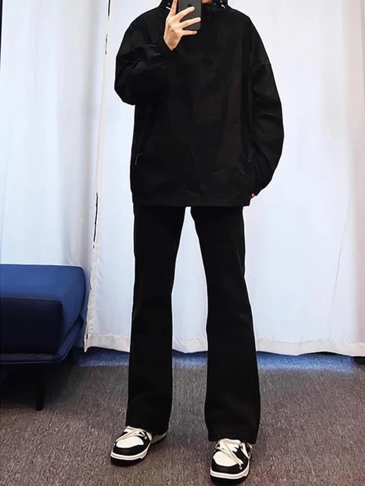 Spring Summer Thin Pure Black Youth Jeans Men's American High Street Casual Flared Slimming Leg Lengthening Pants