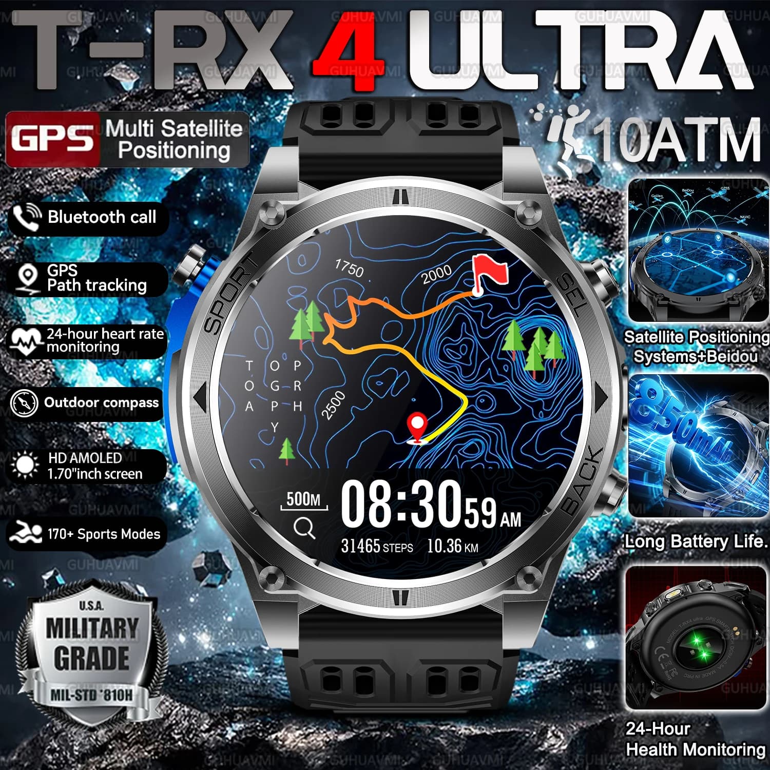 Men T-RX 4 Ultra Military Sports Smart Watch GPS Route Tracking 170 Sports Modes Compass Call Heart Rate Tactical Smart Watch