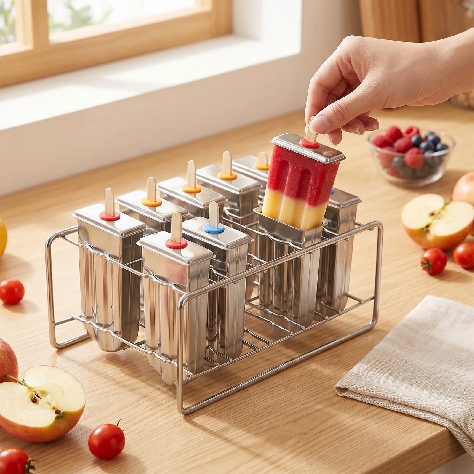 Set di 10 Stampi per Ghiaccioli in Acciaio Inox con Supporto, 100 Bastoncini, 20 Sacchetti e 1 Spazzola per la Pulizia, Stampi Quadrati per Ghiaccioli per Bambini