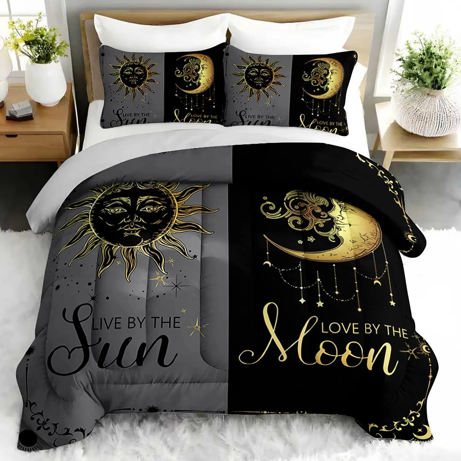 Set di biancheria da letto con motivo sole e luna, 3 pezzi, copripiumino astrologico con 2 federe, decorazione moderna per camera da letto e camera degli ospiti
