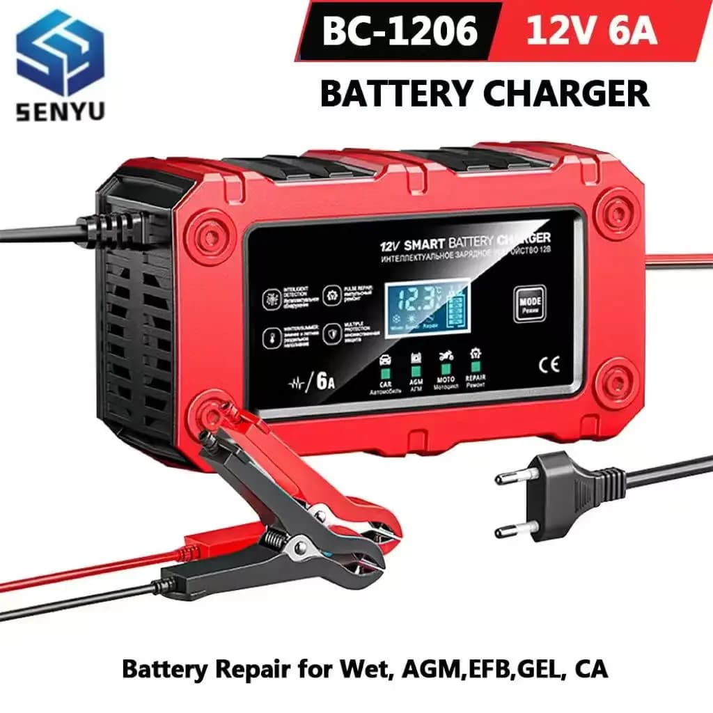 12V Intelligent Automatic Charger 6A for Auto and Moto with LCD Display for Lead-Acido AGM EFB GEL batteries, Spina EU