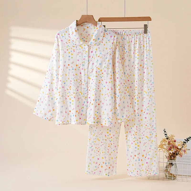 Women Spring Autumn Pajama Sets 100% Cotton Loungewear Suit Sweet Print Sleepwear Suit Long Sleeve Turn-down Collar Homewear