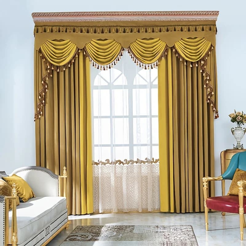 Tende di Lusso in Velluto Dorato con Mantovana, Eleganti Drappeggi in Stile Europeo per Soggiorno e Camera da Letto, Isolamento Termico Rinforzato
