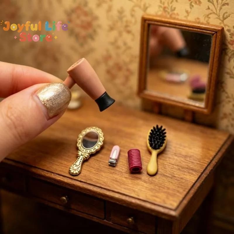 Minituare Hair Salon Dollhouse Alloy Hair Grooming Tools Set With Small Hairbrush Mirror Blow Dryer Hairdressing Model