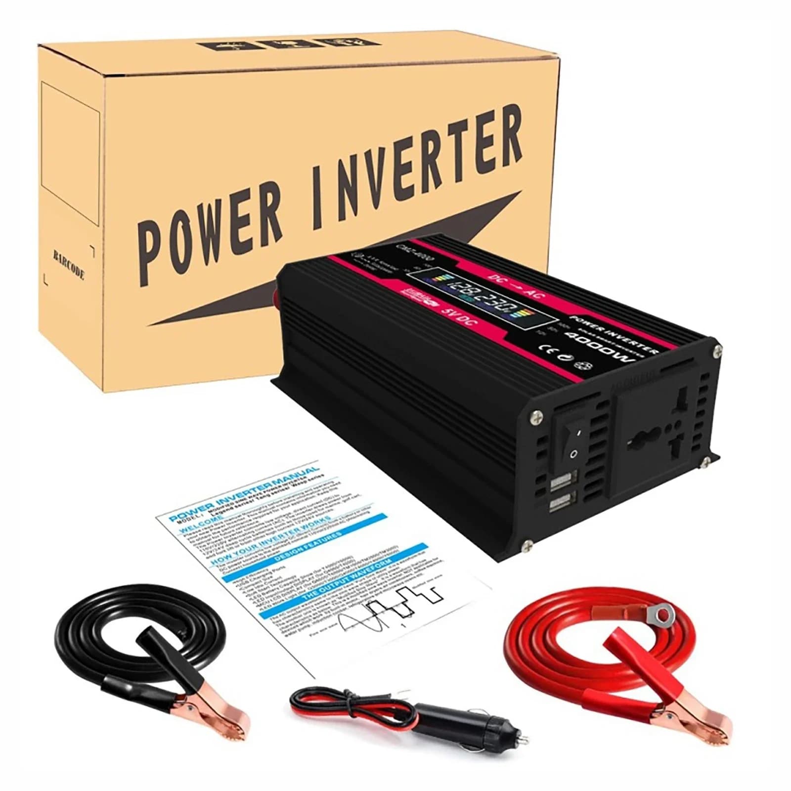 4000W Convertitore di energia solare 12V Dual USB Modificato Trasformatore di tensione a onda sinusoidale Adattatore per auto Convertitore di carica veloce Display LCD