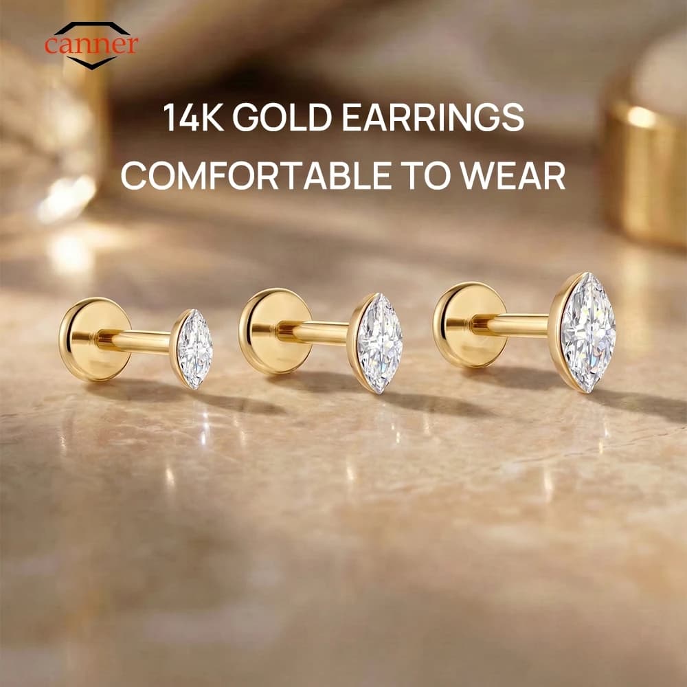 CANNER 1PC Orecchino a perno piatto in titanio G23 con zirconia cubica a occhio di cavallo da 3/4/5mm in oro massiccio 14K, delicato, per donna, gioiello per l'orecchio, regalo