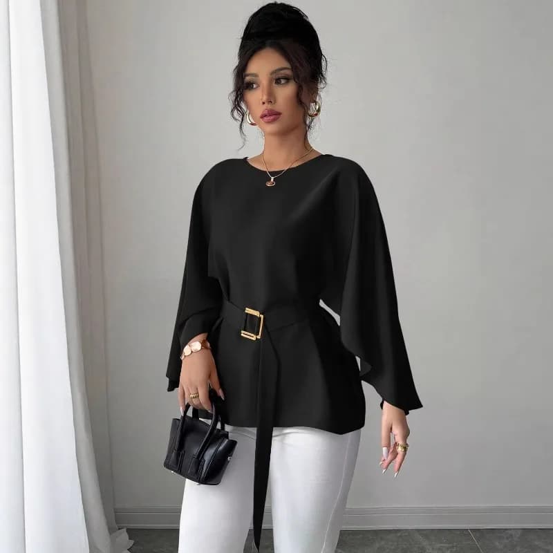 Women Round Neck Long Sleeve Blouse with Belt Loose Oversized Waist Cinched Elegant Office Commuter Solid Casual Tops