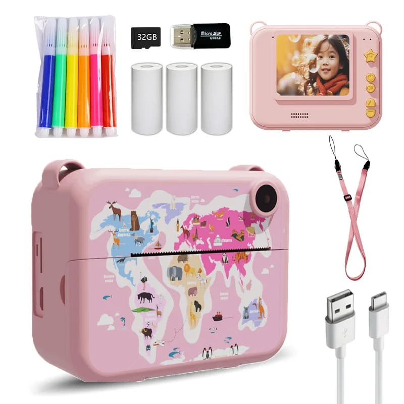 Fotocamera stampabile per bambini con scheda TF da 32 GB, foto e video e giochi, doppia fotocamera, flash, regalo perfetto per ragazzi e ragazze