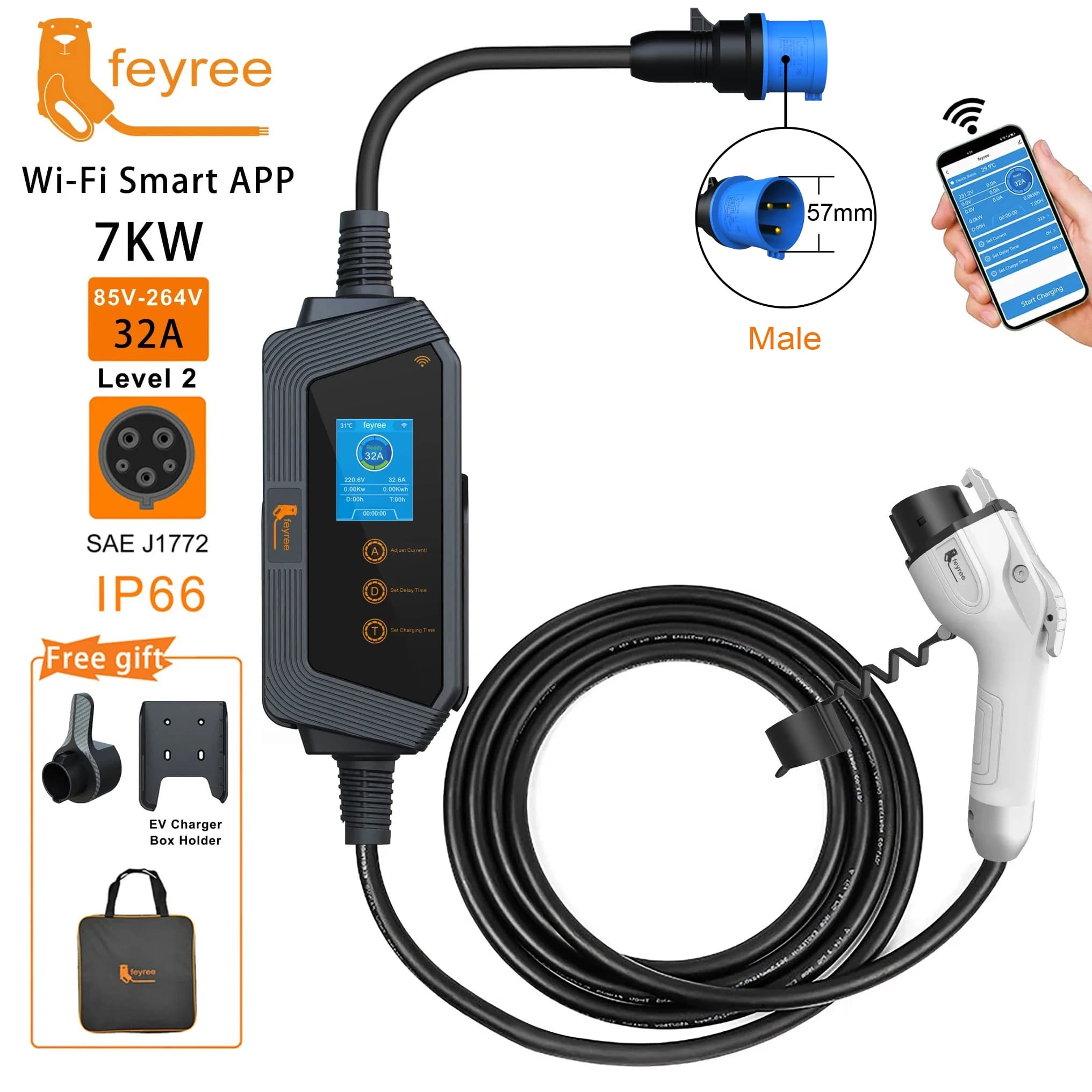 Feyree Type1 Portable EV Charger 7KW 32A Single Phase J1772 with 5 m cable Smart APP WIFI control version for electric vehicles