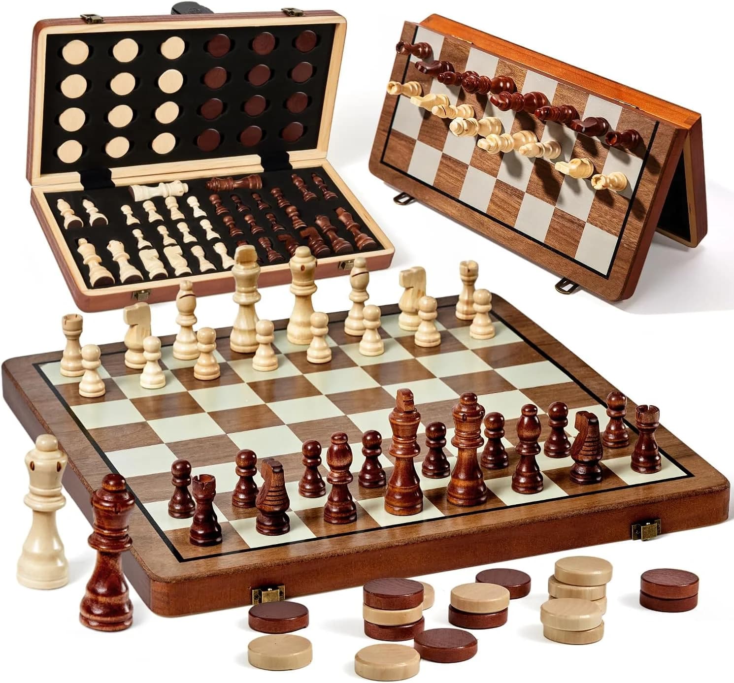 Set di scacchi e dama magnetico in legno 2 in 1, set di scacchi pieghevole da 15 pollici per adulti e bambini, scacchiera con 2 regine extra, da viaggio