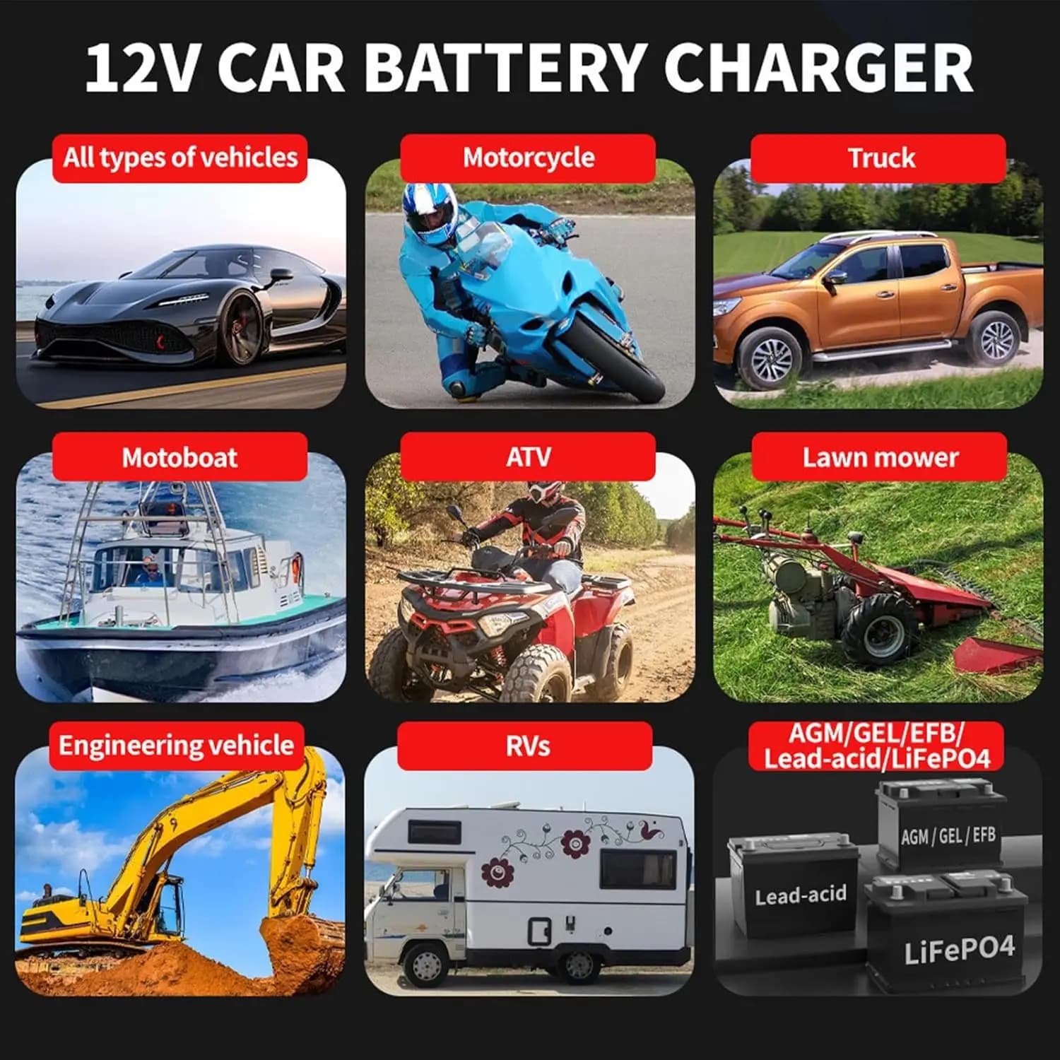 Caricabatterie Intelligente 6A 12V per Auto e Moto, Unità di Ricarica e Riparazione Batterie al Piombo-Acido con Display LCD
