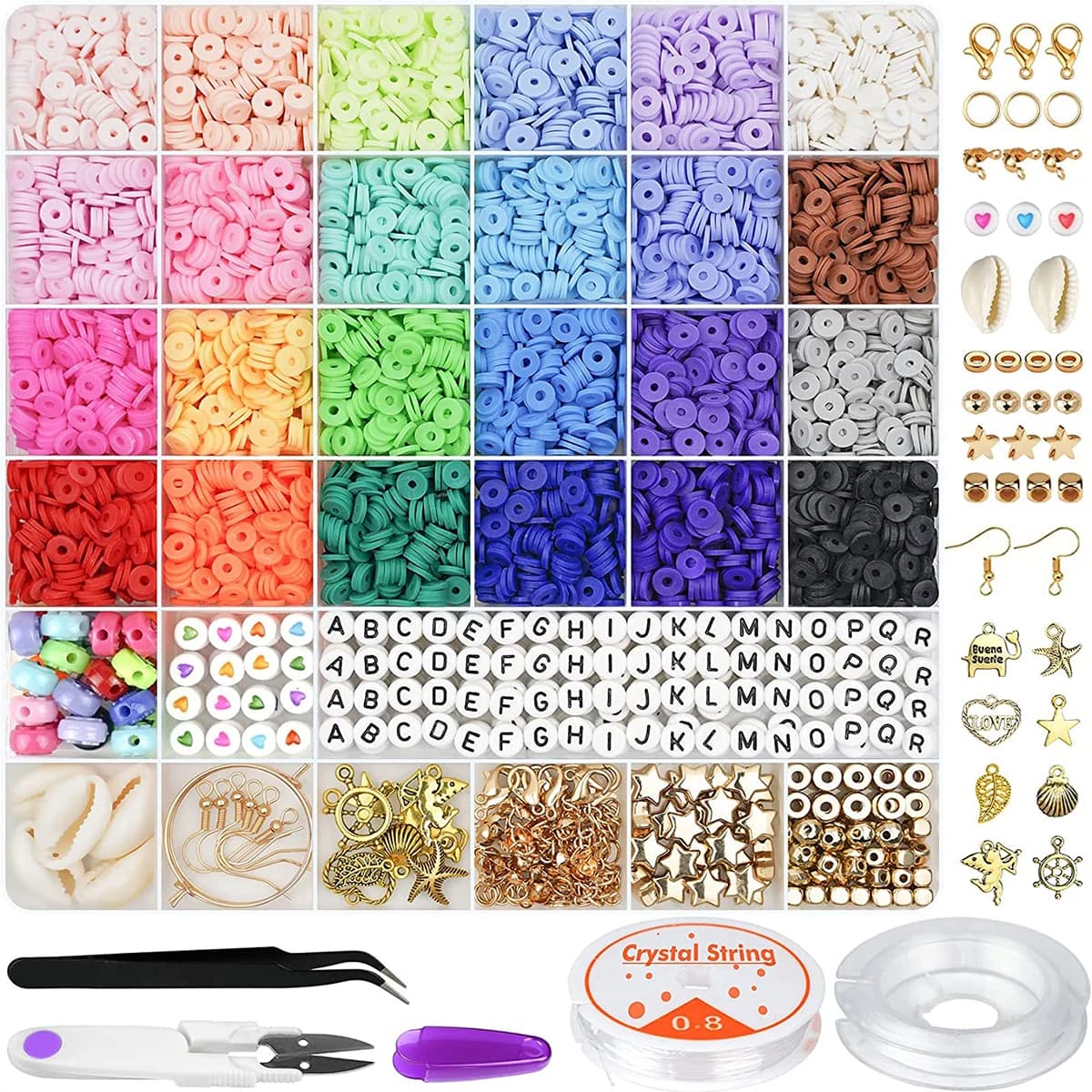 6000 pezzi 24 colori perline piatte rotonde in argilla polimerica distanziatore da 6 mm con kit di ciondoli pendenti e corde elastiche per kit per la creazione di gioielli