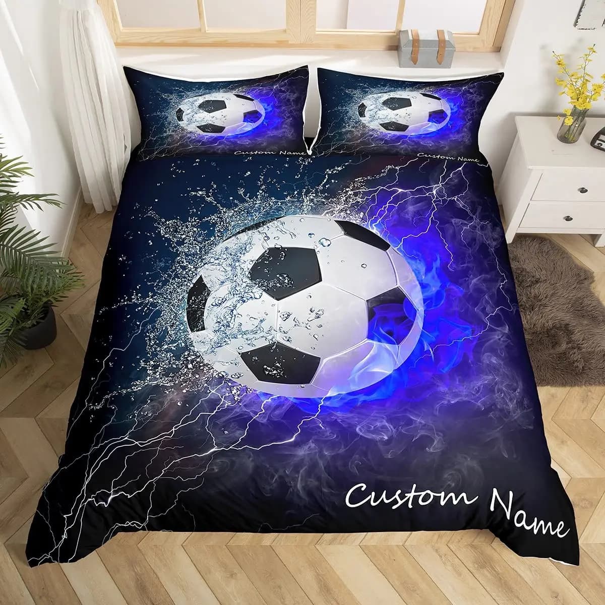 Copripiumino da calcio con nome personalizzato per ragazzi adolescenti Set di biancheria da letto da calcio con fiamma blu copripiumino sportivo personalizzato arredamento per camera da letto