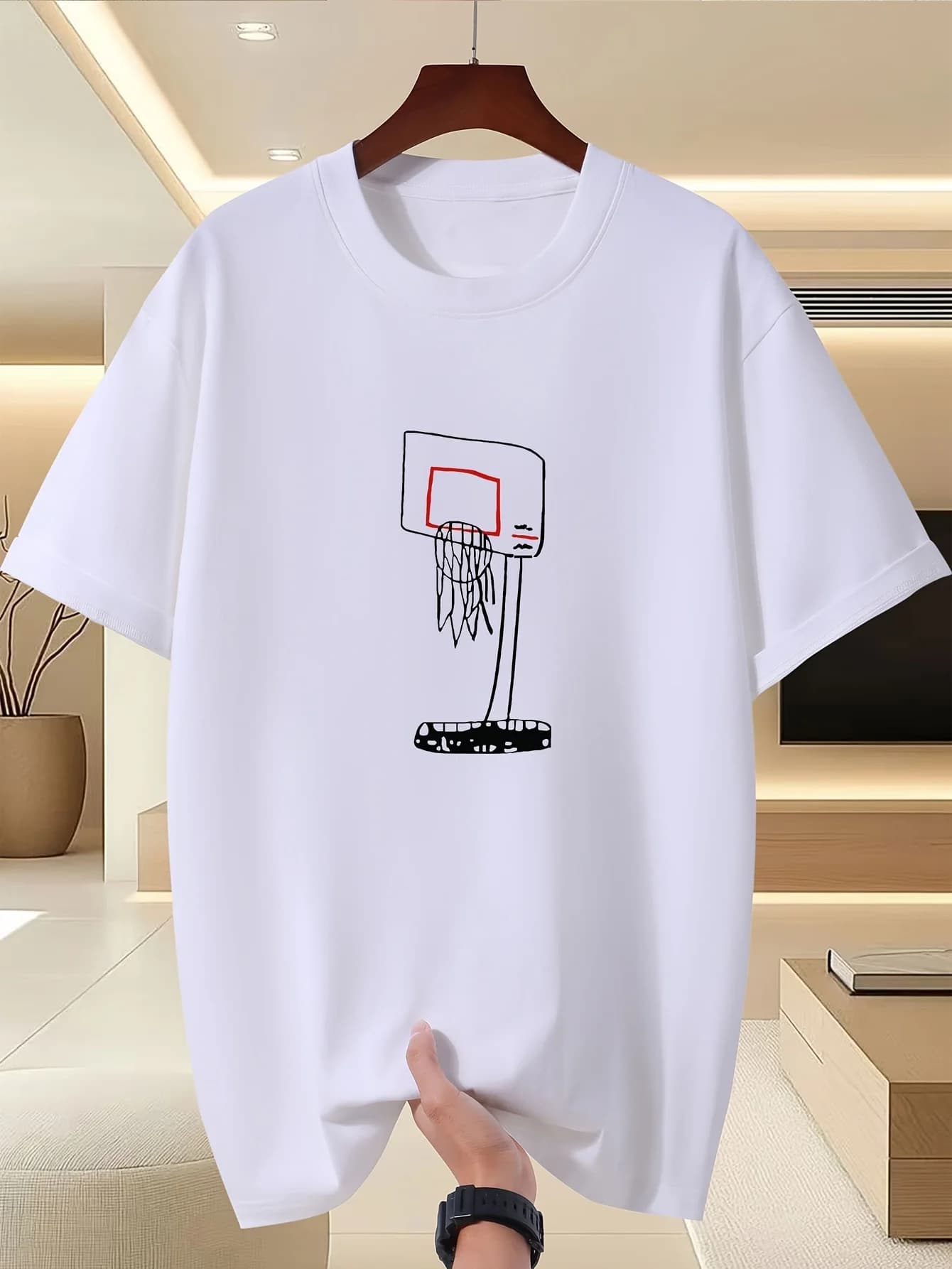 Men's Basketball Hoop Sketch Graphic T-shirt Casual Sport Short Sleeve Black Tee Minimalist Basketball Shirt