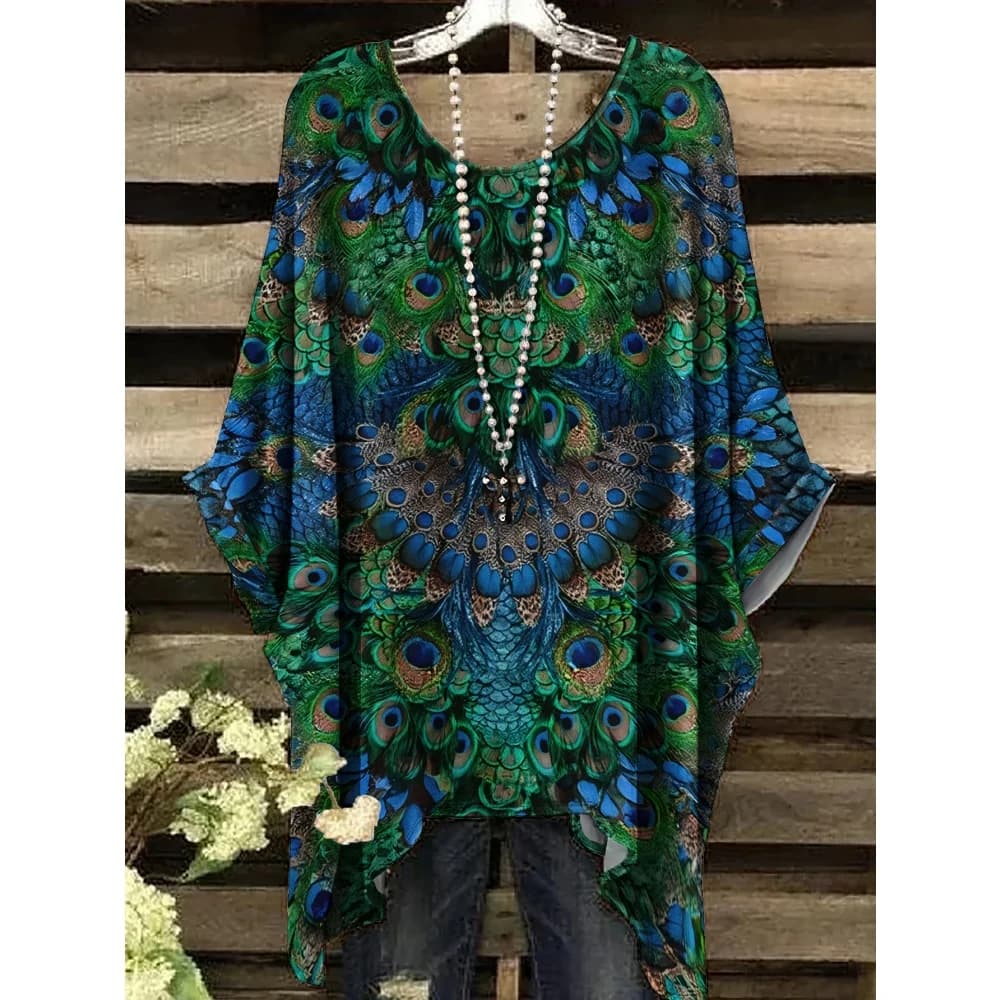 New Woman Elegant Peacock Print T-Shirts Casual Loose Machine Washable O-Neck Short Sleeve Summer Fashion Streetwear Clothing