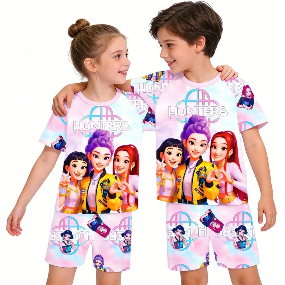 Set pigiama per bambini K-Pop Demon Hunters Cartoon, pigiama a maniche corte in 2 pezzi, regalo di compleanno ideale per ragazzi e ragazze, abbigliamento casual per la casa