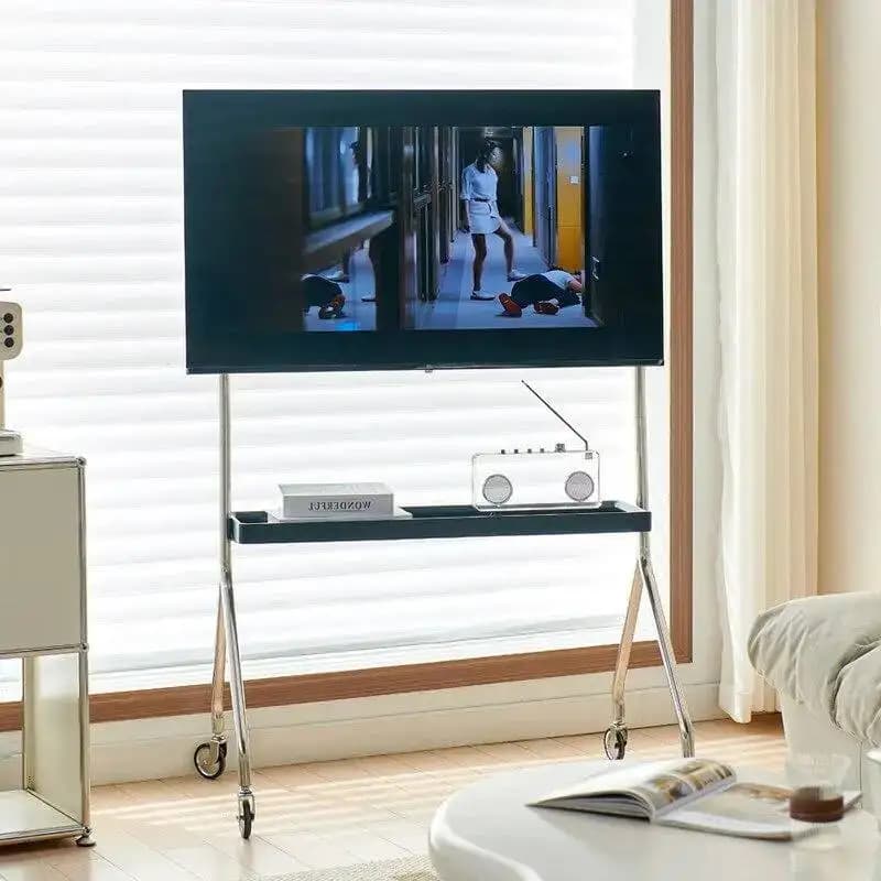 Stainless Steel Floor TV Stand with Removable Wheels, Ideal for Living and Apartments