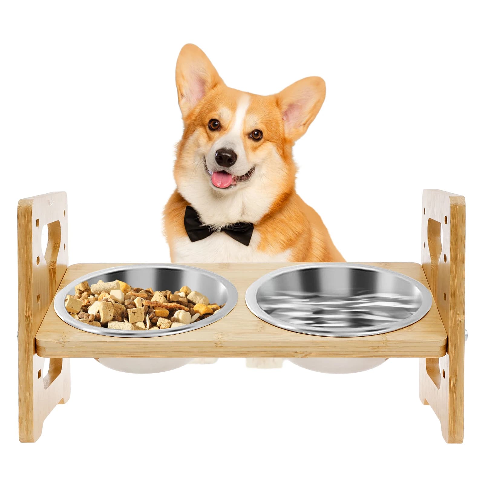 Ciotole per cani rialzate Supporto per mangiatoia per cani regolabile inclinato in legno con ciotole per alimenti in acciaio inossidabile per accessori per animali domestici per cani e gatti