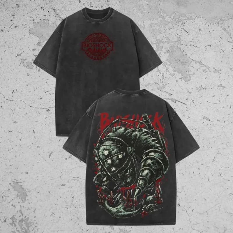 Vintage Bioshock Mineral Wash T-Shirt, Big Daddy Rapture Graphic Tee, Retro 90s Streetwear Bio Shock Shirt