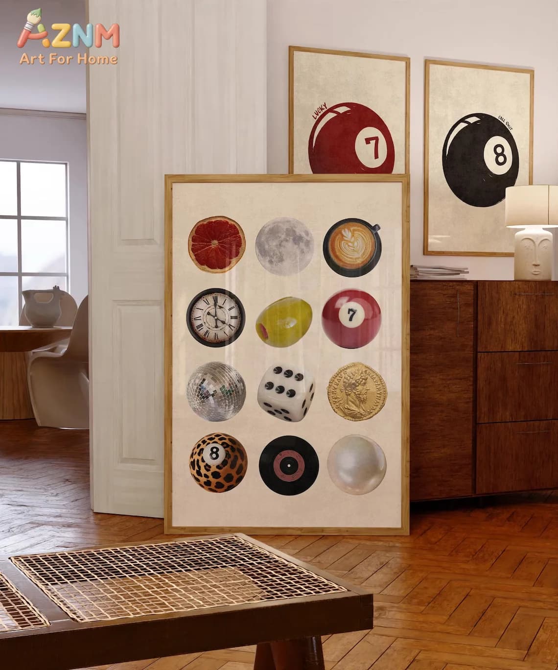 AZNM Retro Lucky Collage Canvas Wall Art Billiard Ball Disco Dice Coffee Moon Olive Clock Vinyl Vintage Aesthetic Unframed Print